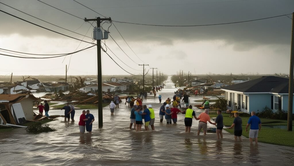 Debby Fury A landscape devastated by Hurricane Debby showing flooded streets, downed power lines, and damaged homes. People are assisting each other, reflecting community support and resilience. The sky is gray with glimpses of sunlight, symbolizing hope and recovery.