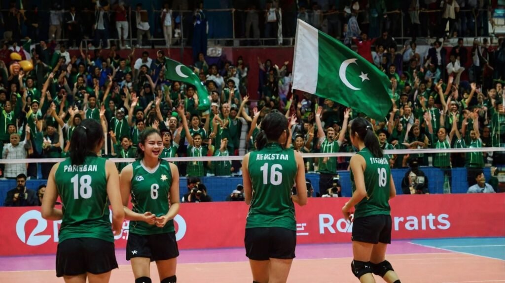 Pakistan's U-18 volleyball team celebrates their victory over Chinese Taipei in a vibrant, action-packed scene. The team, dressed in red and green uniforms, shows expressions of joy and determination. A large, cheering crowd waves Pakistani flags in the background. A text banner reads 'Pakistan U-18 Volleyball Triumph: Ready for Japan Clash!' capturing the excitement and national pride as the team gears up for their next challenge.