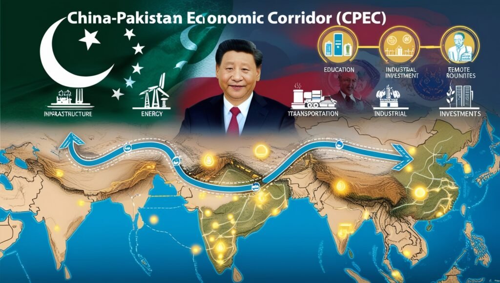 Growth with China : An illustrative map showing the China-Pakistan Economic Corridor (CPEC) connecting Pakistan and China, with symbols for infrastructure, energy, and industrial projects. The image includes a partial overlay of President Xi Jinping and highlights remote areas in Pakistan, indicating growth potential through CPEC investments.