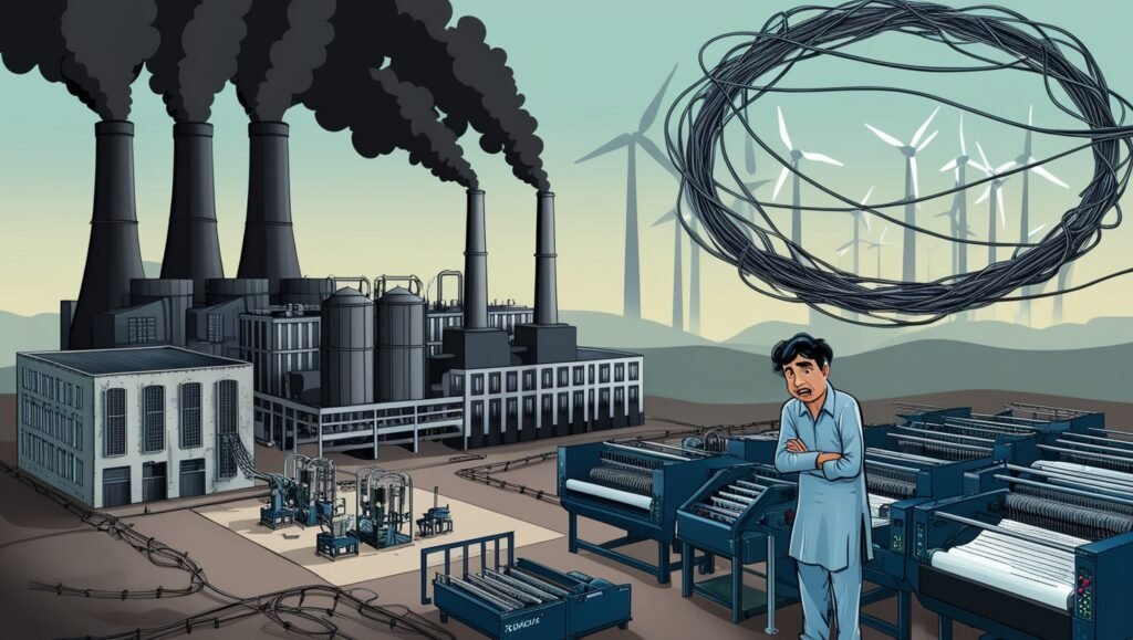 Growth with China : A scene showing Pakistan's energy crisis with a power plant emitting smoke, darkened factories, and idle textile machinery. Tangled electrical wires represent the circular debt issue, while wind turbines and solar panels on the horizon hint at renewable energy solutions.