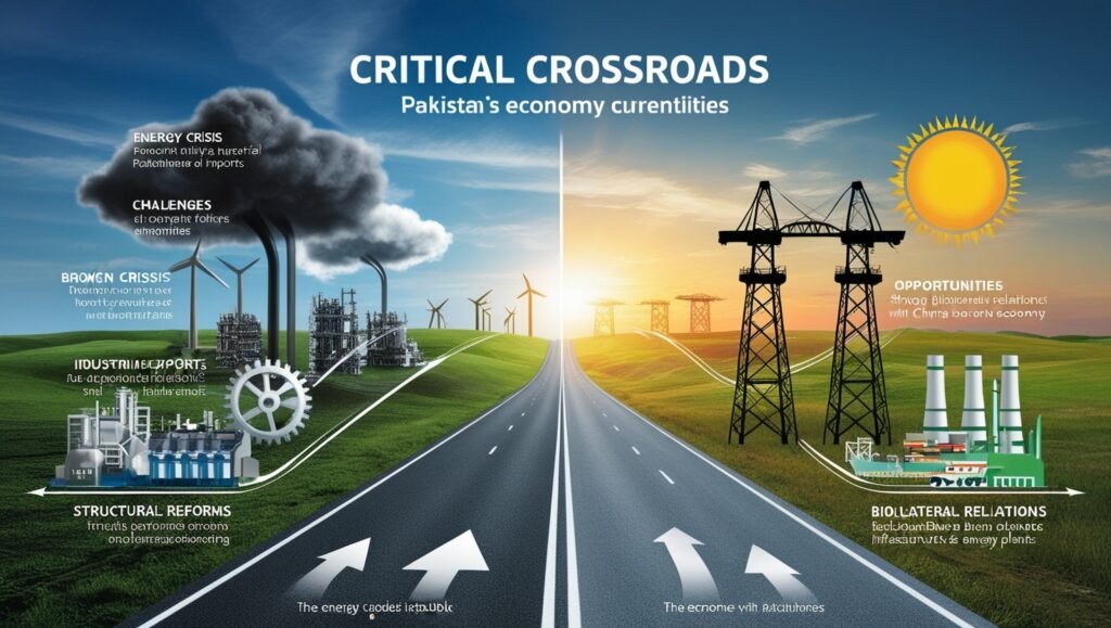 Growth with China : A split-image illustrating Pakistan's economic crossroads. One side shows dark clouds over broken gears and stagnant factories, symbolizing economic challenges. The other side features a bright sunrise over thriving industries, infrastructure projects, and a handshake symbolizing partnership with China, representing growth opportunities and strategic reforms.