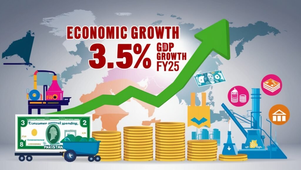 Economic Resilience A graph illustrating Pakistan's projected 3.5% GDP growth for FY25, surrounded by symbols of industrial production, currency, consumer spending, and investment, representing economic stability and recovery amidst challenges.